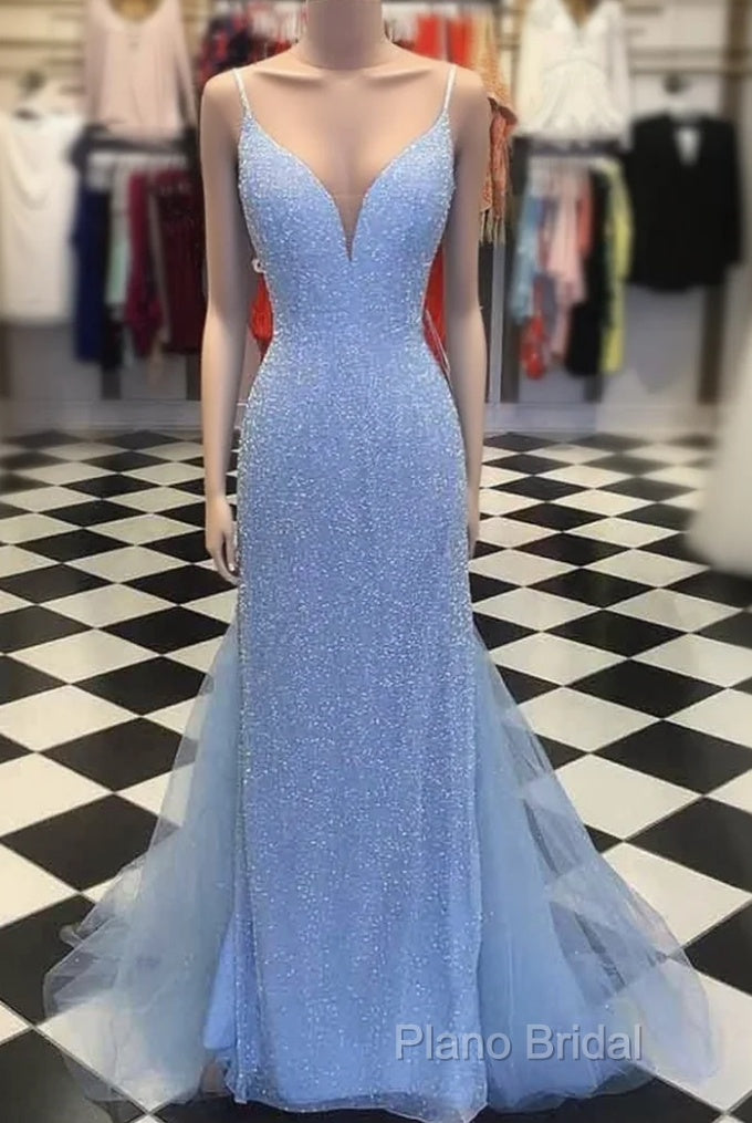 Straps Light Blue Mermaid Formal Prom Dresses Beaded Backless Formal Dresses Main image