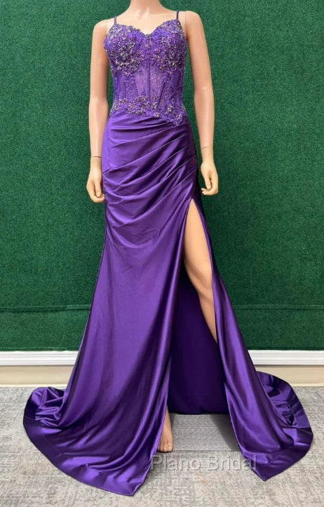 Straps Mermaid Long Formal Prom Dresses With Lace Top And Skirt Slit Secondary image