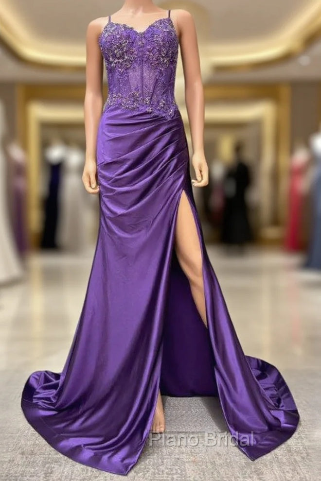 Straps Mermaid Long Formal Prom Dresses With Lace Top And Skirt Slit