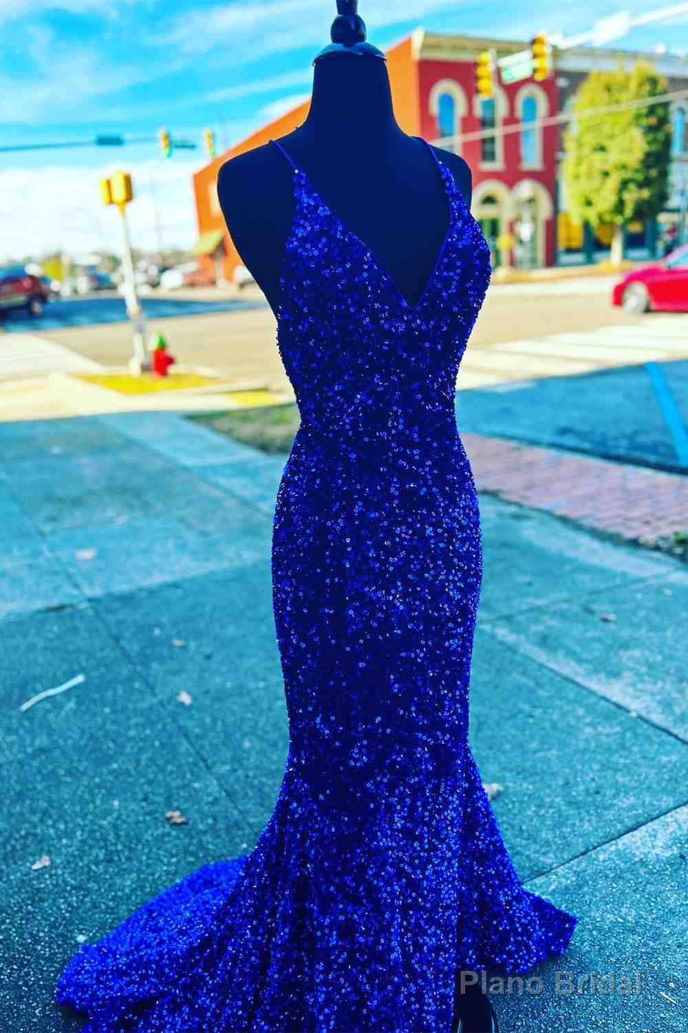 Straps Mermaid Royal Blue Sequins Long Prom Dress with Slit