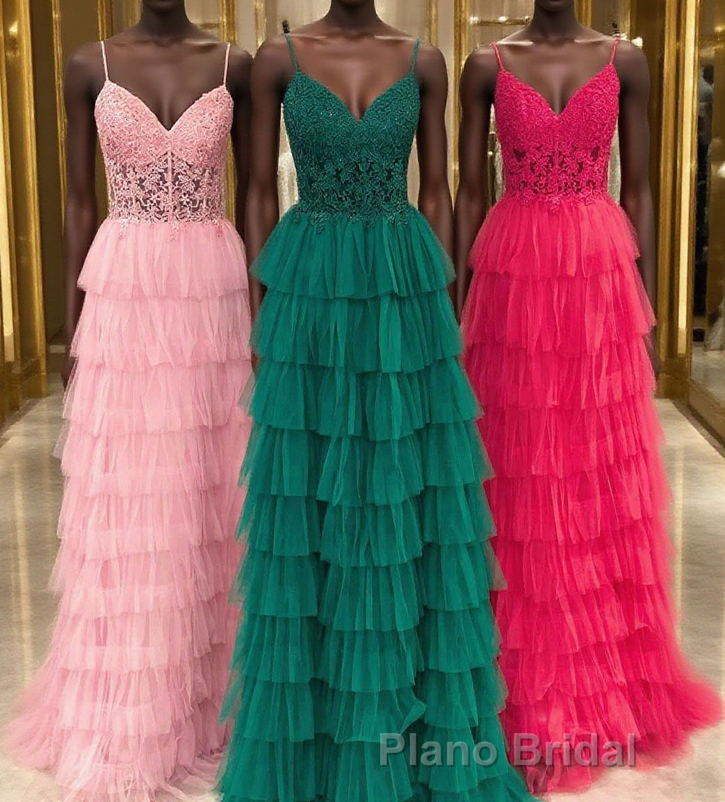Straps Pink Lace Corset Layered Tulle Prom Dresses Main image