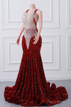 Straps Red Beading Sequin Prom Dresses Mermaid Long Party Dresses
