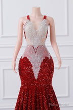 Straps Red Beading Sequin Prom Dresses Mermaid Long Party Dresses