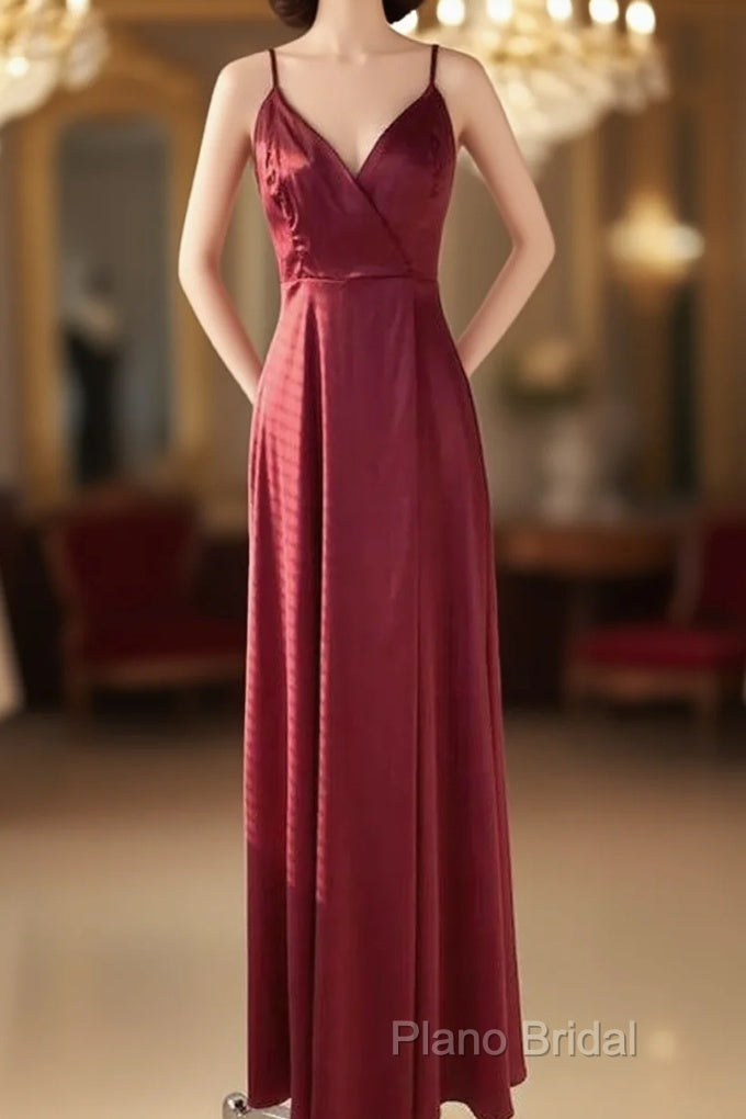 Straps Wine Red Satin Long Bridesmaid Dresses Main image