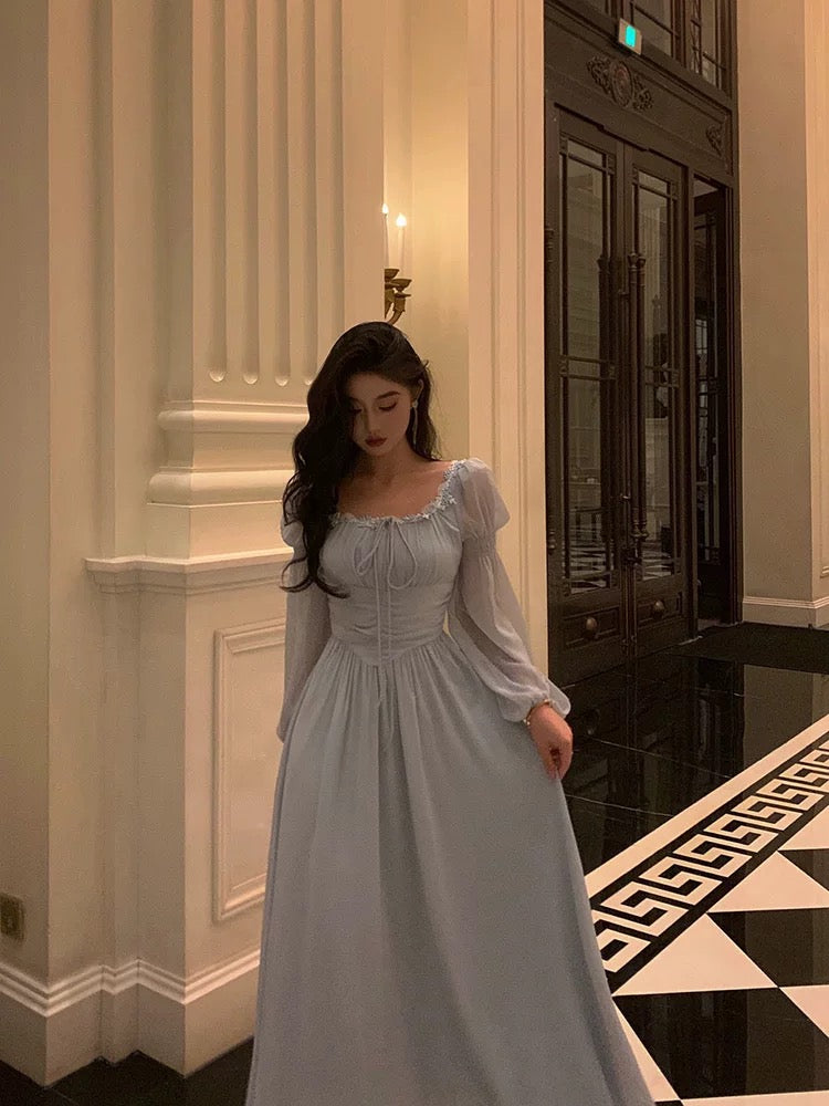 Stunning A Line Square Neckline Long Sleeves Chiffon Blue Date Night Dresses Formal Prom Dresses Birthday Party Outfit Secondary image