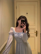 Stunning A Line Square Neckline Long Sleeves Chiffon Blue Date Night Dresses Formal Prom Dresses Birthday Party Outfit