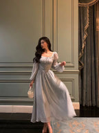 Stunning A Line Square Neckline Long Sleeves Chiffon Blue Date Night Dresses Formal Prom Dresses Birthday Party Outfit
