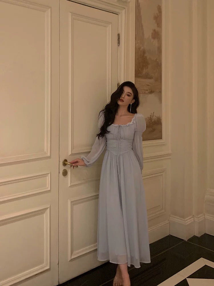 Stunning A Line Square Neckline Long Sleeves Chiffon Blue Date Night Dresses Formal Prom Dresses Birthday Party Outfit Main image
