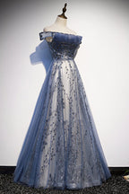 Stunning Blue Tulle Off Shoulder A Line Long Formal Prom Dresses, Formal Evening Dresses With Sleeve