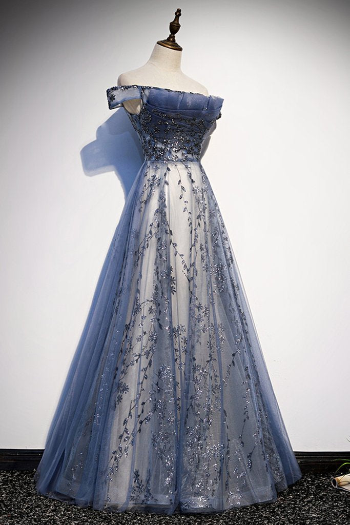 Stunning Blue Tulle Off Shoulder A Line Long Formal Prom Dresses, Formal Evening Dresses With Sleeve