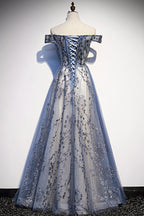 Stunning Blue Tulle Off Shoulder A Line Long Formal Prom Dresses, Formal Evening Dresses With Sleeve