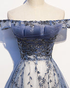 Stunning Blue Tulle Off Shoulder A Line Long Formal Prom Dresses, Formal Evening Dresses With Sleeve