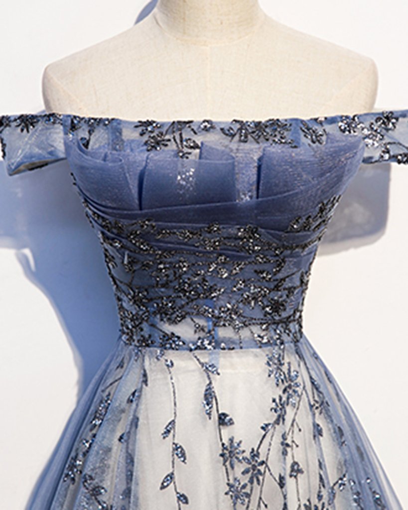 Stunning Blue Tulle Off Shoulder A Line Long Formal Prom Dresses, Formal Evening Dresses With Sleeve