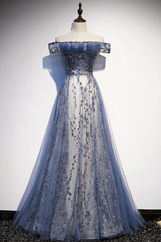 Stunning Blue Tulle Off Shoulder A Line Long Formal Prom Dresses, Formal Evening Dresses With Sleeve Main image