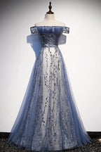 Stunning Blue Tulle Off Shoulder A Line Long Formal Prom Dresses, Formal Evening Dresses With Sleeve