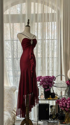 Stunning Burgundy Strapless Chiffon Mermaid Long Prom Dress