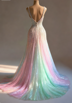 Stunning Colorful V-Neck A-Line Sequined Tulle Long Formal Prom Dresses