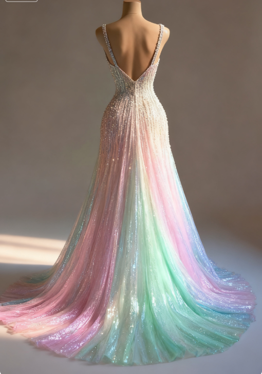 Stunning Colorful V-Neck A-Line Sequined Tulle Long Formal Prom Dresses
