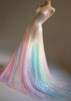 Stunning Colorful V-Neck A-Line Sequined Tulle Long Formal Prom Dresses