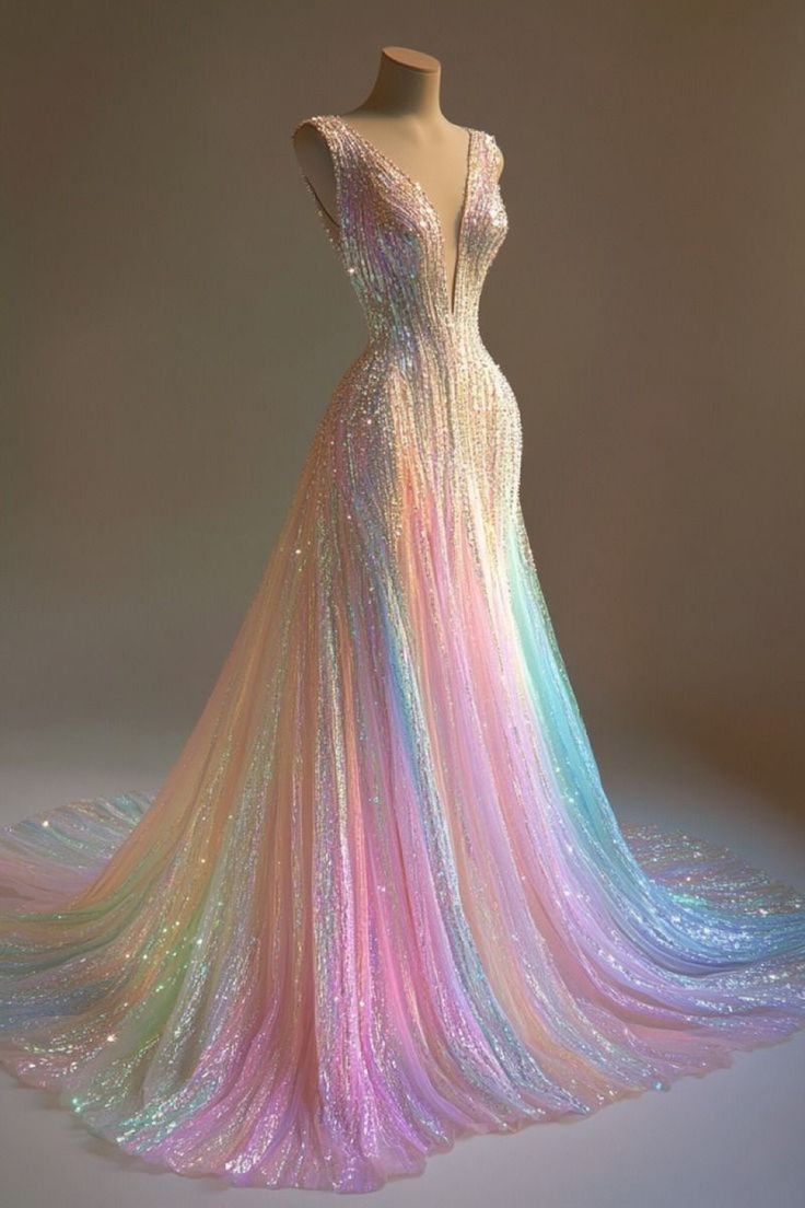 Stunning Colorful V-Neck A-Line Sequined Tulle Long Formal Prom Dresses