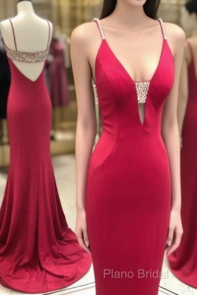Stunning Elegant Mermaid Sexy Spaghetti Straps Beaded Red Formal Prom Dresses,Charming Backless Formal Dresses,Dance Dresses Main image