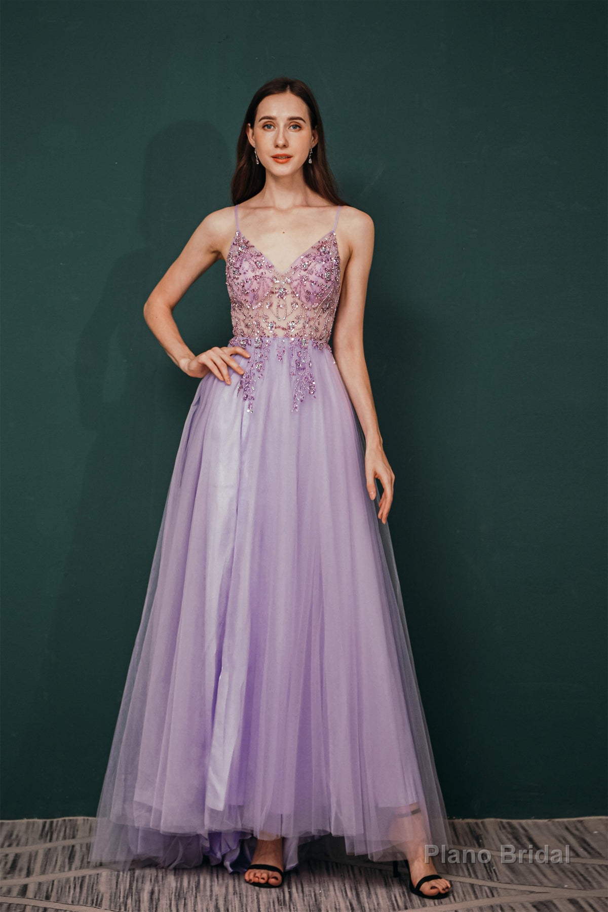 Stunning Front Split Spaghetti Straps Long A Line Beaded Prom Dresses Main image