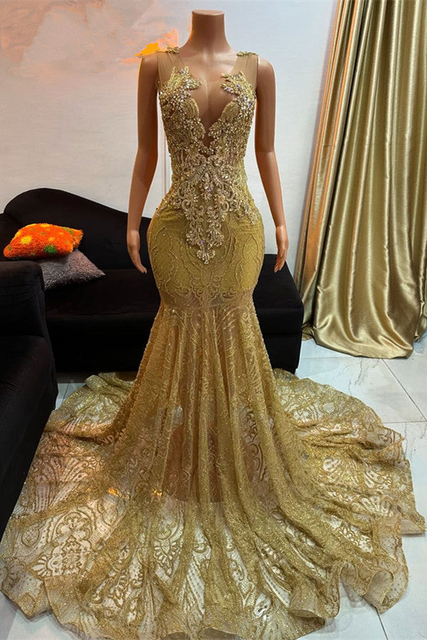 Stunning Gold Sleeveless Mermaid Prom Dress Long With Beadings Main image