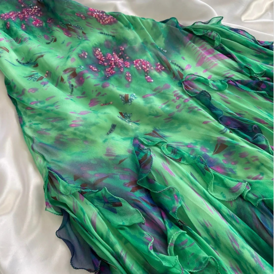 Stunning Green Double-Layered Flying Sleeves And Swaying Neck Chiffon Formal Prom Dresses