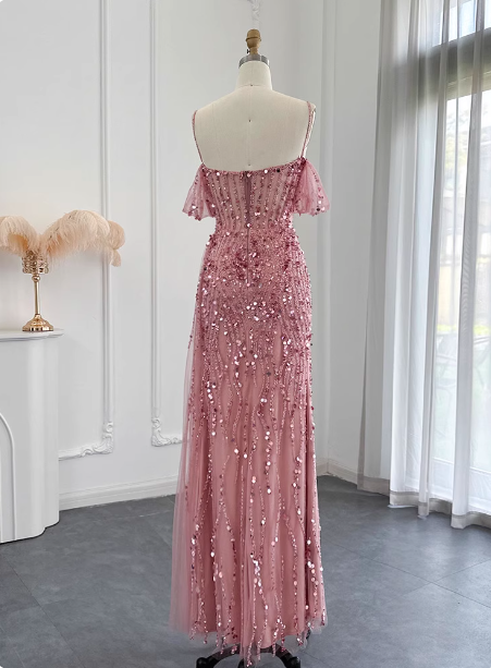 Stunning Pink Spaghetti Strap Slit Sequin Tulle Long Formal Prom Dresses