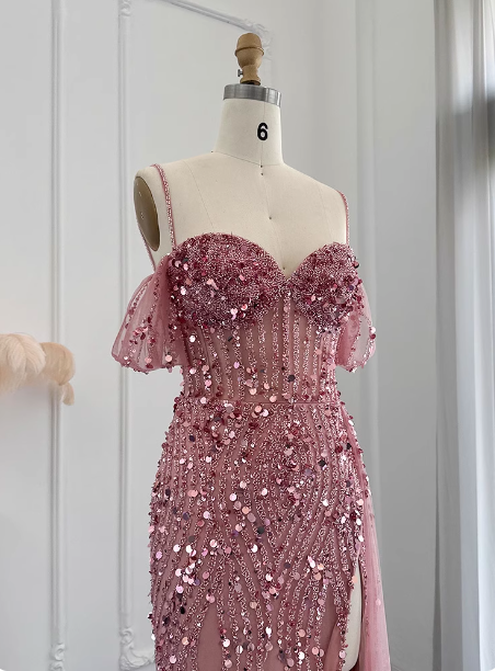 Stunning Pink Spaghetti Strap Slit Sequin Tulle Long Formal Prom Dresses