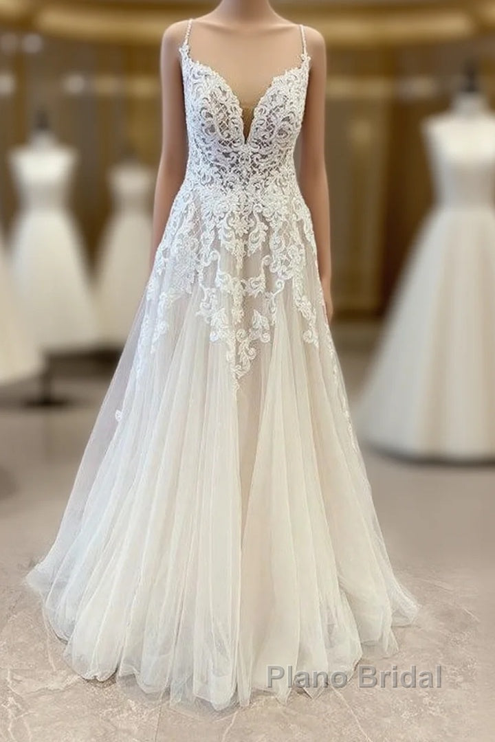 Stunning Long A-Line Spaghetti Straps Appliques Lace Tulle Wedding Dress