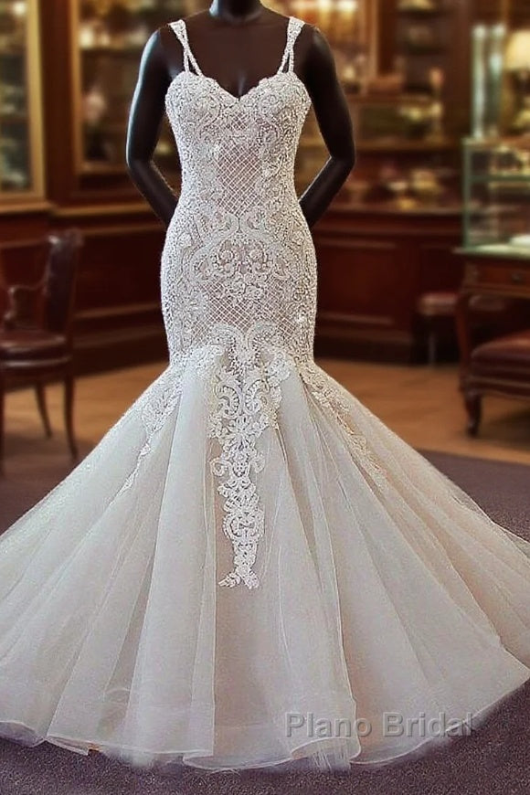 Stunning Long Mermaid Spaghetti Strap Lace Wedding Dresses Main image