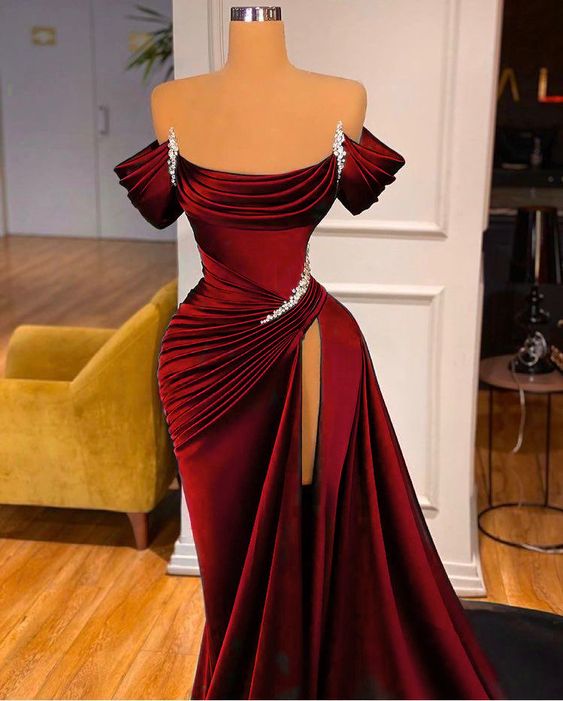 STUNNING OFF-THE-SHOULDER MERMAID Formal Prom Dresses RUFFLES WITH HIGH SPLIT Main image