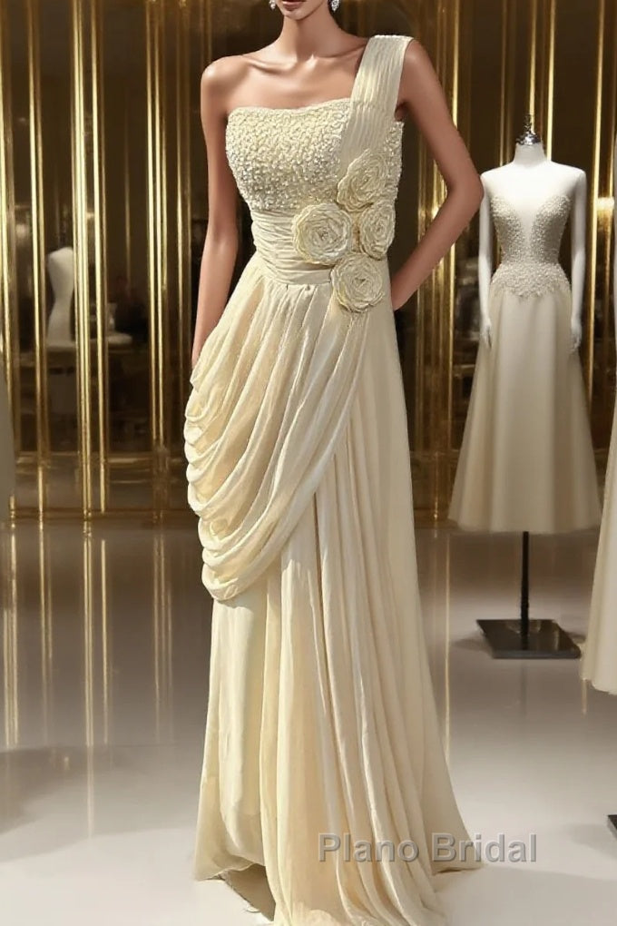 Stunning One Shoulder Beaded Sequin Chiffon Long Formal Prom Dresses Formal Evening Dresses Simple Wedding Dresses