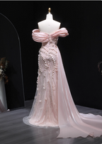 Stunning Pink Mermaid Train Off-The-Shoulder 3D Floral Satin Formal Prom Dresses