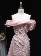 Stunning Pink Mermaid Train Off-The-Shoulder 3D Floral Satin Formal Prom Dresses