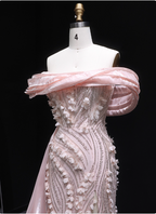 Stunning Pink Mermaid Train Off-The-Shoulder 3D Floral Satin Formal Prom Dresses