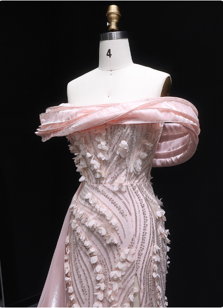 Stunning Pink Mermaid Train Off-The-Shoulder 3D Floral Satin Formal Prom Dresses