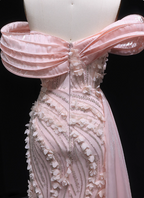 Stunning Pink Mermaid Train Off-The-Shoulder 3D Floral Satin Formal Prom Dresses