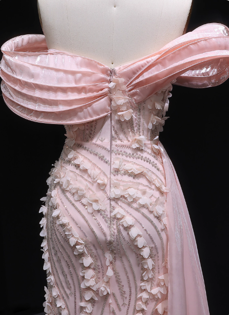 Stunning Pink Mermaid Train Off-The-Shoulder 3D Floral Satin Formal Prom Dresses