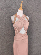 Stunning Pink Sleeveless Cross Neck Beaded Satin Long Formal Prom Dresses