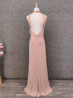 Stunning Pink Sleeveless Cross Neck Beaded Satin Long Formal Prom Dresses
