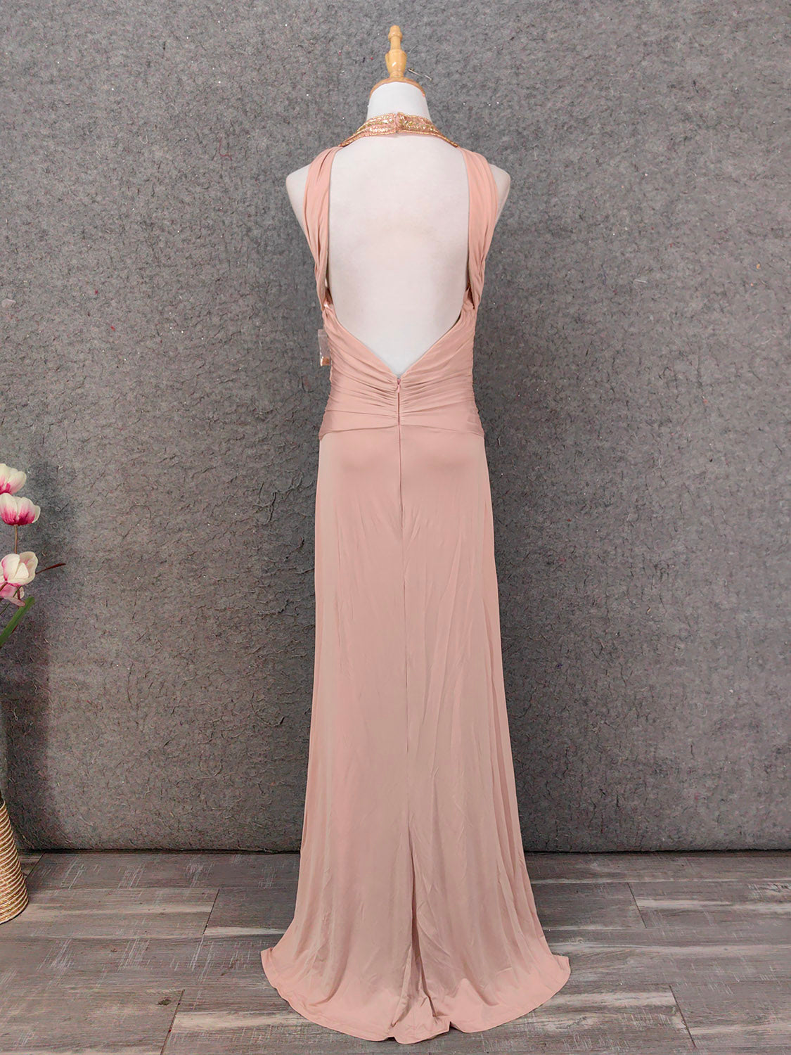 Stunning Pink Sleeveless Cross Neck Beaded Satin Long Formal Prom Dresses