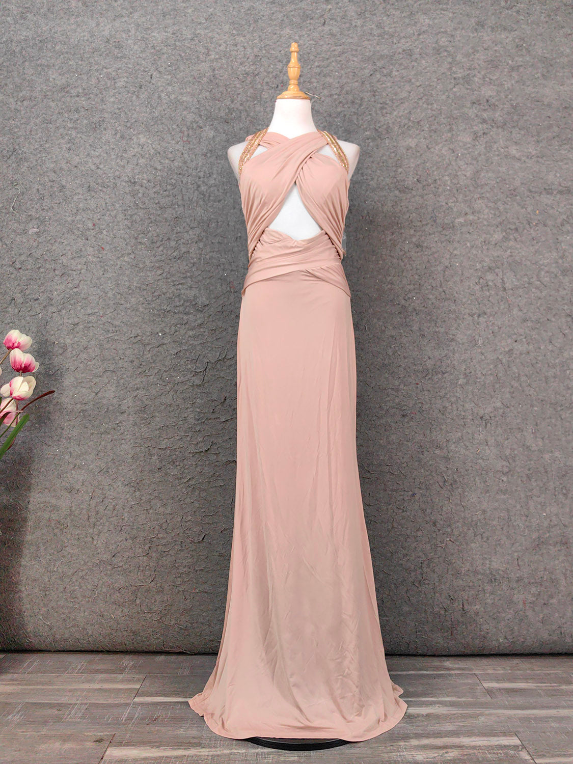Stunning Pink Sleeveless Cross Neck Beaded Satin Long Formal Prom Dresses Main image