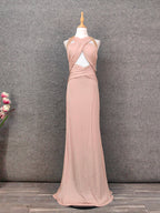 Stunning Pink Sleeveless Cross Neck Beaded Satin Long Formal Prom Dresses
