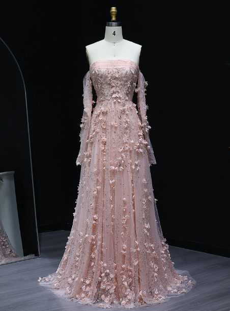 Stunning Pink Strapless 3D Floral Sequin Tulle Train Formal Prom Dresses Secondary image