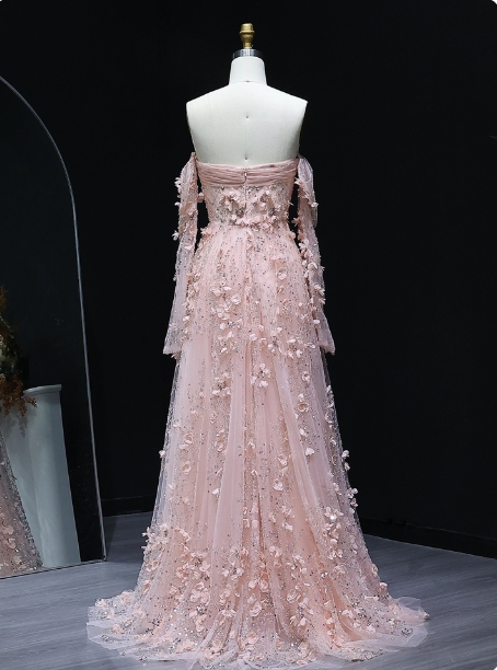 Stunning Pink Strapless 3D Floral Sequin Tulle Train Formal Prom Dresses