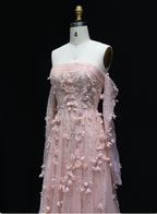 Stunning Pink Strapless 3D Floral Sequin Tulle Train Formal Prom Dresses