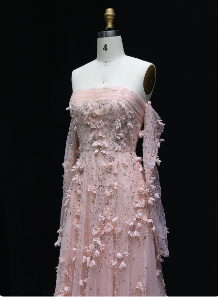Stunning Pink Strapless 3D Floral Sequin Tulle Train Formal Prom Dresses
