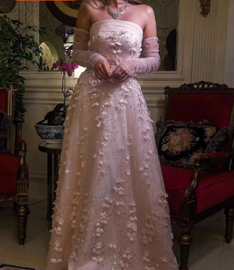 Stunning Pink Strapless 3D Floral Sequin Tulle Train Formal Prom Dresses